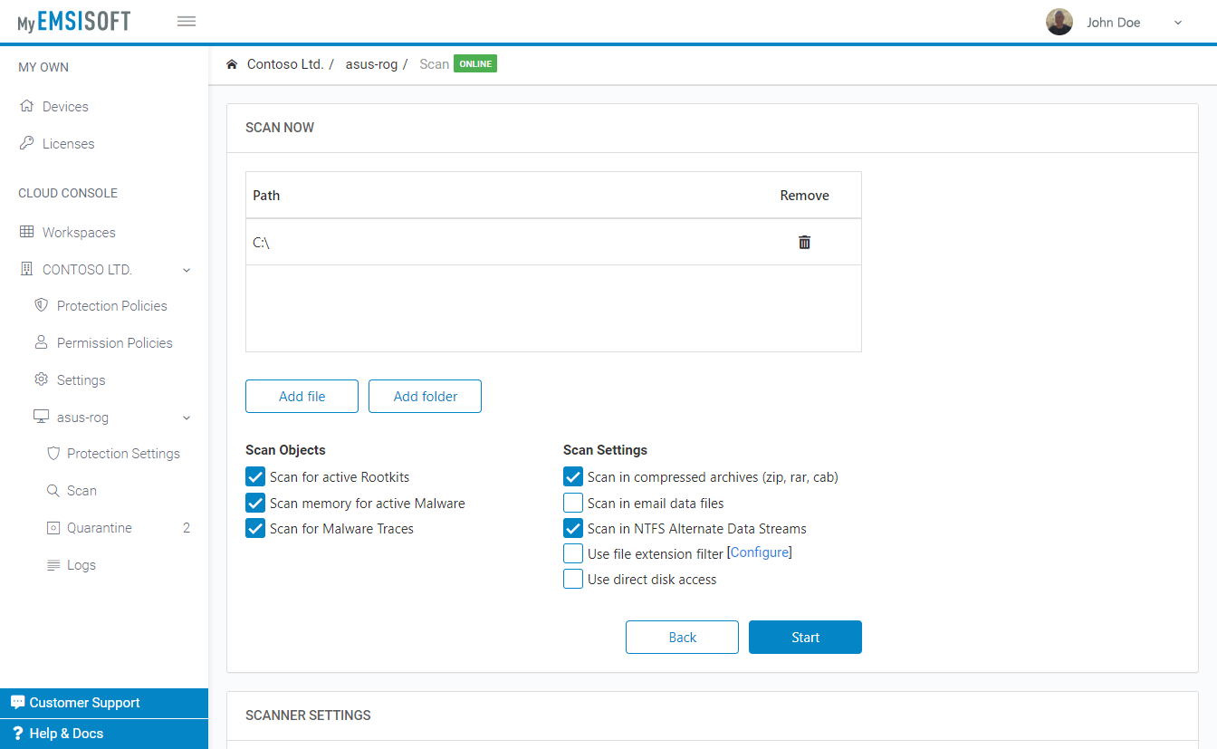 Custom scan panel